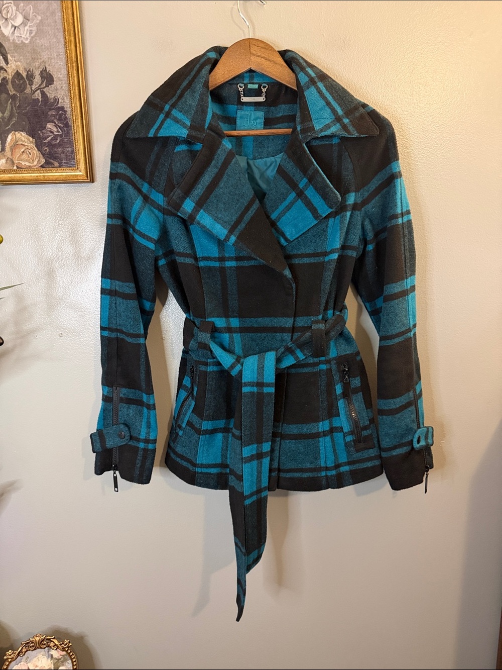 J2 by Jou Jou Teal Black Plaid Belted Moto Jacket Size S - Picture 3 of 8